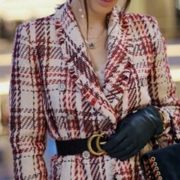 ZARA NEW WOMAN TWEED JACKET WITH GEM BUTTON BLAZER ECRU/RED TARTAN Size us.small - Picture 11 of 15